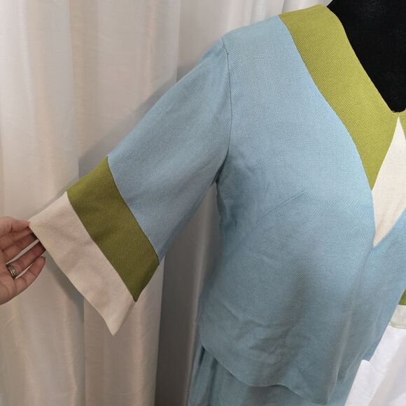 True Vintage 60s Skirt Suit Julie Miller Blouse Skirt Set 15/16 Womens Blue Gree - Picture 13 of 16